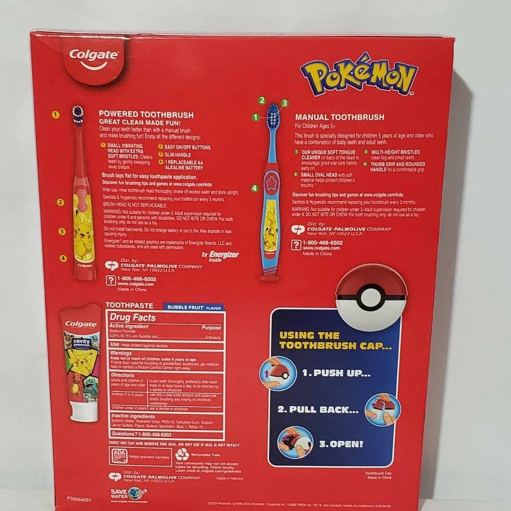 Colgate Pokémon Brushtastic Gift Pack Electric Manual Toothbrush Toothpaste Cap